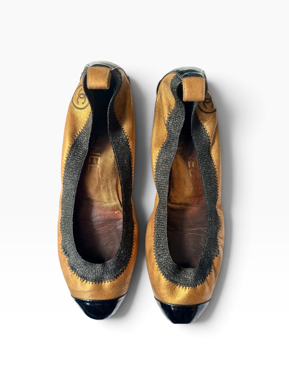 Chanel Metallic Gold Leather Black Patent Cap Toe Ballet Flats 37.5